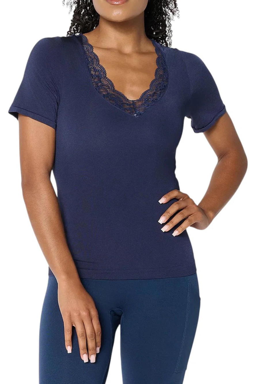 Breezies Women's Natural Curves Seamless Lace Layering Tee Navy - Regular